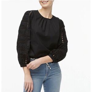 J. CREW Black Cotton Poplin Puff‎ Long Sleeve Top Eyelet Blouse Size M Shirt